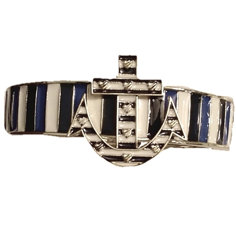 Vintage BETSEY JOHNSON Blue White Stripe Enamel Anchors Away Hinged Bracelet.